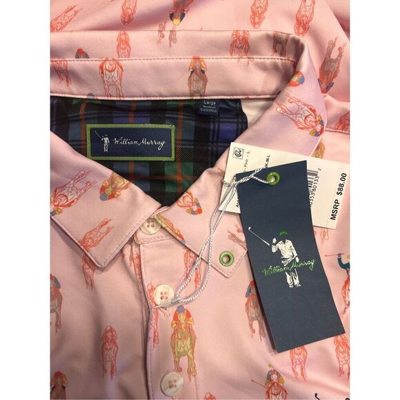 William Murray Golf Polo Shirt Mens large Pink Horse Racing And They're Off - Picture 6 of 6